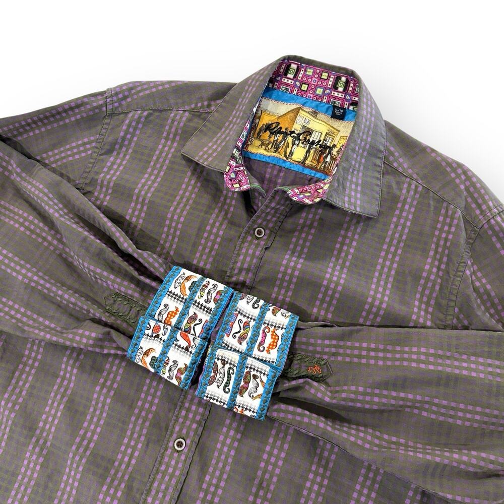 Robert Graham Shirt Mens XL Long Sleeve Plaid Olive Purple Hidden Mustache Motif